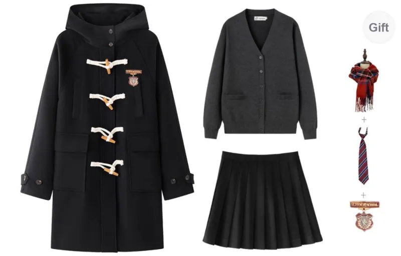 Tokyo Season Uniforms Women's Black Coat+Black Pleated Skirt, Comes With Free Cardigan+Scarf+Badge+Tie-0