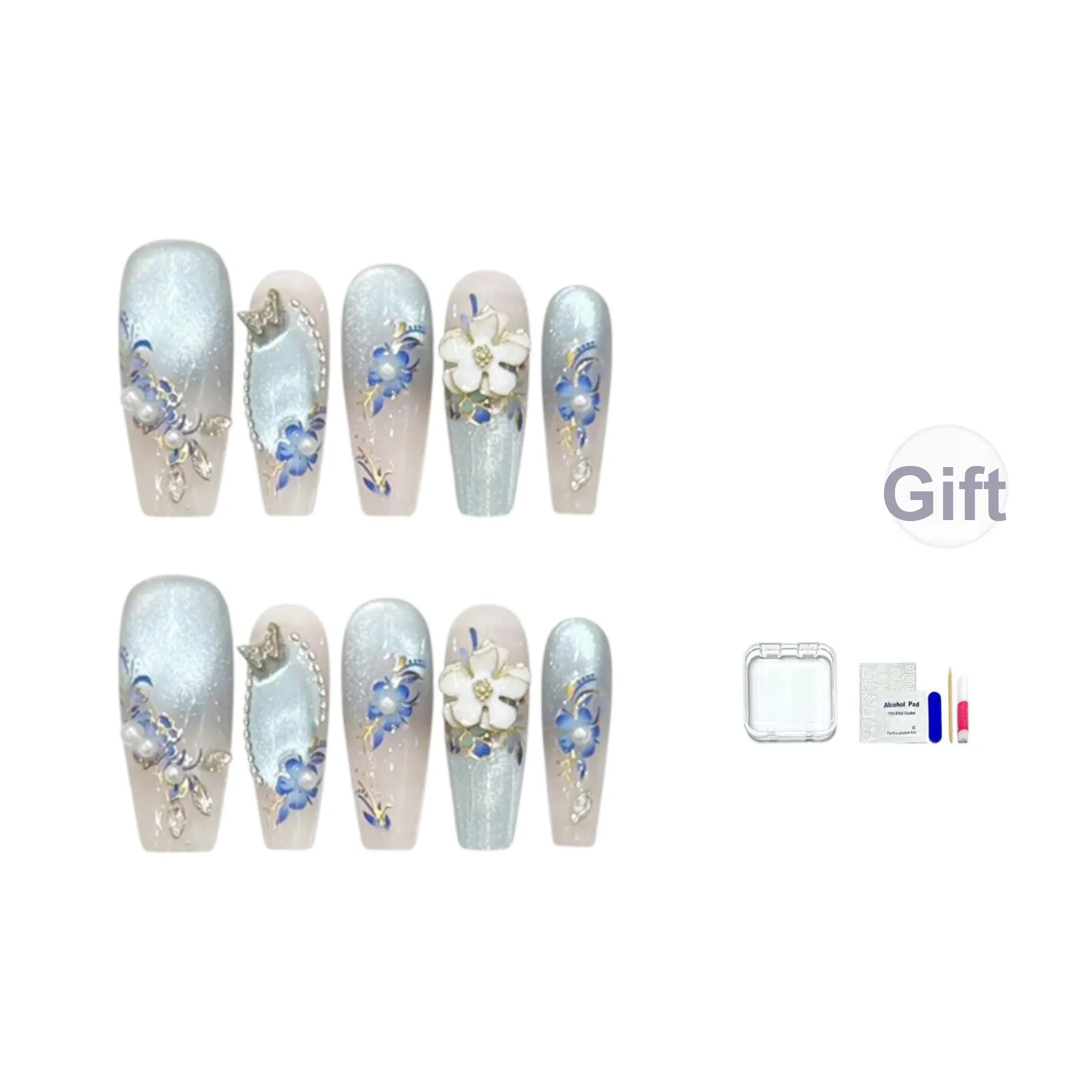 JINGCHANXUE [Белый Глазурно-голубой And Белый] Золотой Пирография False Nail Длинный Новый китайский стиль Градиентный Кошачий глаз 20мм