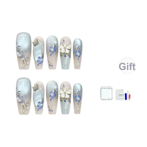 JINGCHANXUE [Белый Глазурно-голубой And Белый] Золотой Пирография False Nail Длинный Новый китайский стиль Градиентный Кошачий глаз 20мм