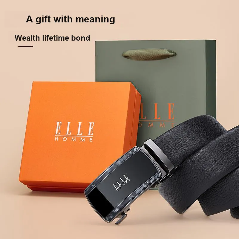 ELLE HOMME Top Grain Cow Leather Fashion Trend Casual Versatile Belt, Gift Box Set Men's Width 3.5cm-1