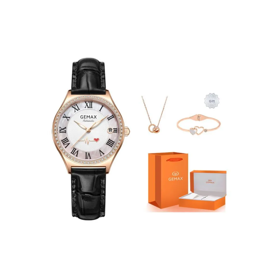 GEMAX Wrist Watch Automatic Mechanical Movement Genuine Leather Strap Watch Women's Watch White Dial