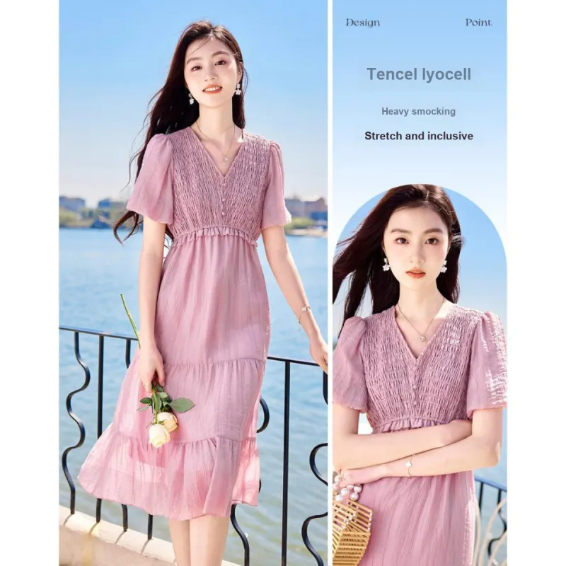 Like The Age Of Water Short Sleeved Dress Women's Pink Purple-1