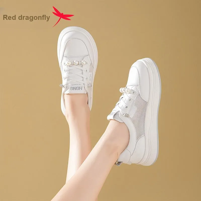 RED DRAGONFLY Low Top Skateboard Shoes Women's White-2