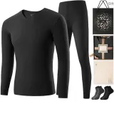 Men's V-Neck Clothing Sets (Night Black) with Deer Velvet Heat Technology/Anti-Bacterial/Includes 2 Pack Socks