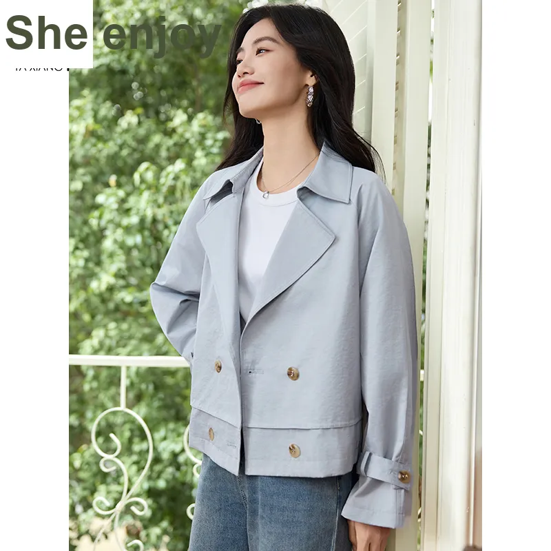 She Enjoys Cropped Coats Women's Light Gray Blue-4