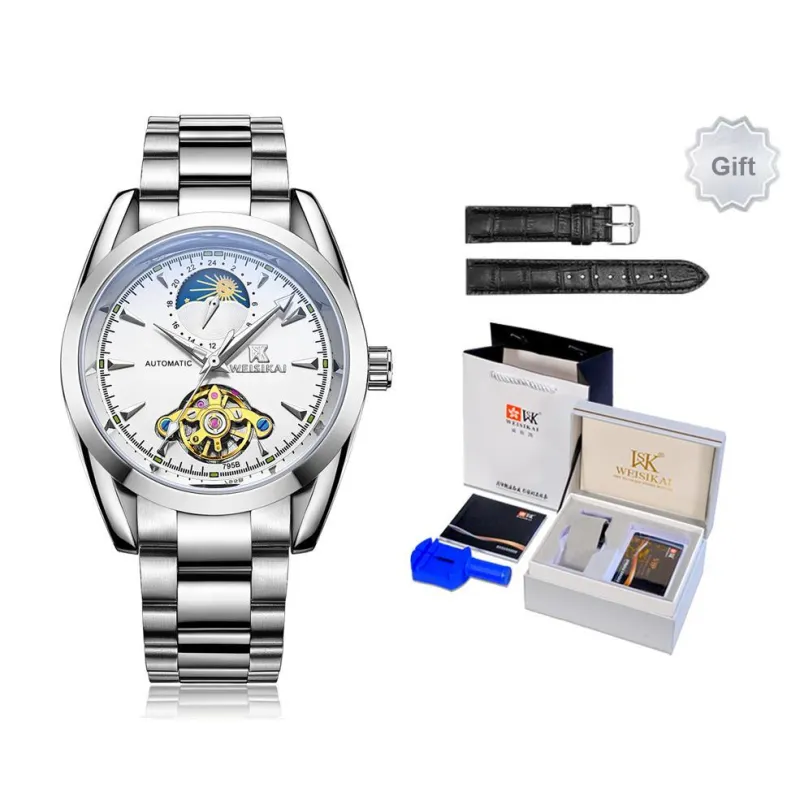 WSK Automatic Mechanical Movement Stainless Steel Watchband Men's Watches White Dial-0