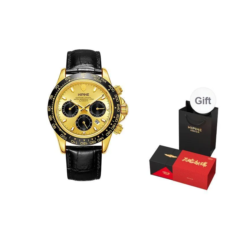 HIPINE Explore Home Series Transparent Caseback Cut Out Mechanical Movement Cowhide Strap Watch Men's Watches Gold Dial-1