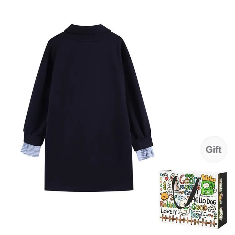 ZVJH Long Sleeved Dress Women's Navy Blue-1