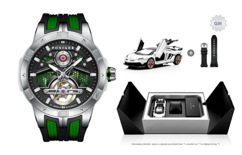 PONIGER Space Man Concept Automatic Mechanical Movement Rubber Strap Men's Watches Cut Out Dial-21