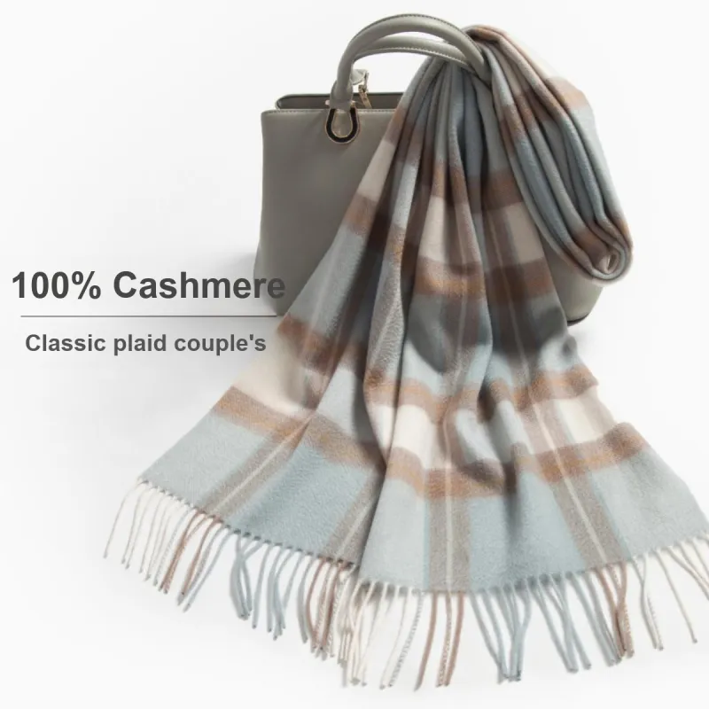 Shanghai Story 100% Cashmere Knit Scarves Unisex Beige And Orange Check Gift Box Set-33