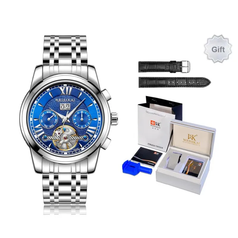 WSK Automatic Mechanical Movement Stainless Steel Watchband Men's Watches White Dial-2