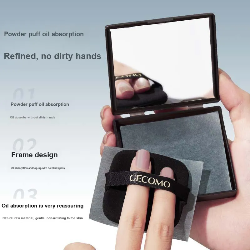 GECOMO Fan Shaped Straight Mascara Brush+Oil Absorbing Paper Combination, Built in Mirror Powder Puff, Makeup Tool-2