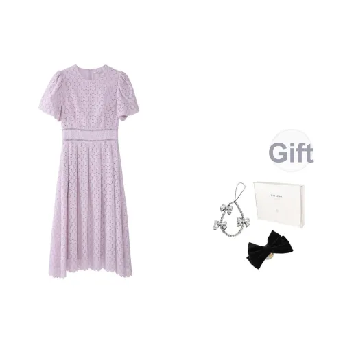 Fstudio Корейский стиль Круглый вырез Вышивка Утягивающий Короткий рукав Платье Женское Фиолетовое