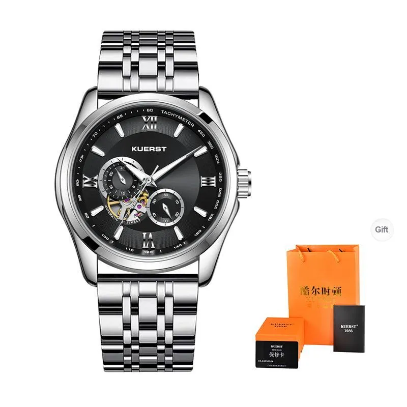 KUERST Automatic Mechanical Movement Steel Strap Watch Men's Watches Black Dial-6