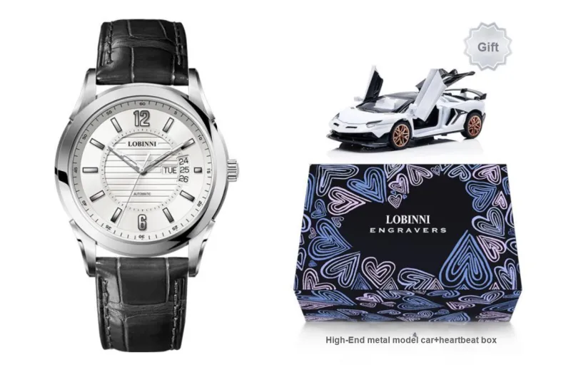 LOBINNI L Automatic Mechanical Movement Genuine Leather Strap Watch Men's Watches Silver Dial-5