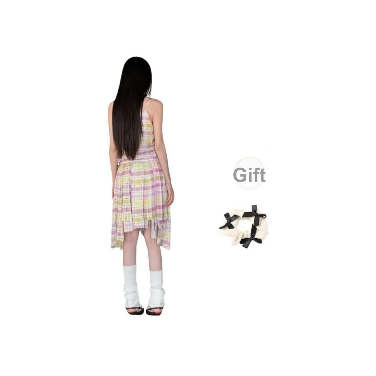 TURN UP Slip Dress Women's Pink And Yellow Checkered+Bowknot Hair Tie Comes With