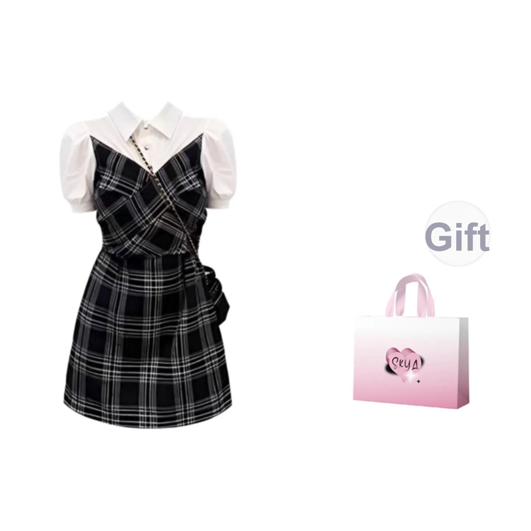 SKYA Короткий рукав платье женское черное в клетку