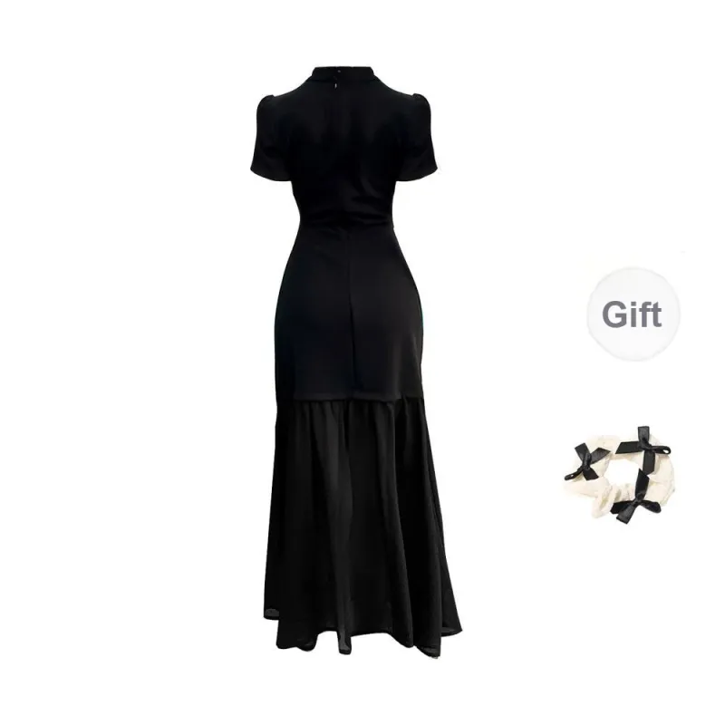 CPAURA Short Sleeved Dress Women's Black+Bowknot Hair Tie Comes With-1