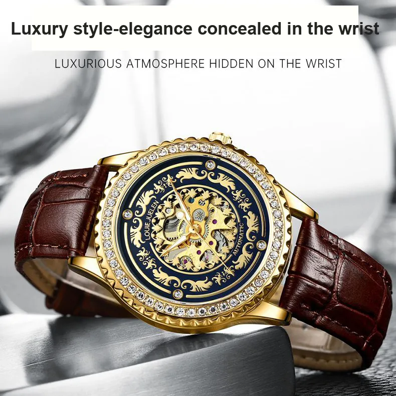 LOUIE JUELEN Mechanical Movement Genuine Leather Strap Watch Men's Watches Cut-Out Dial-2