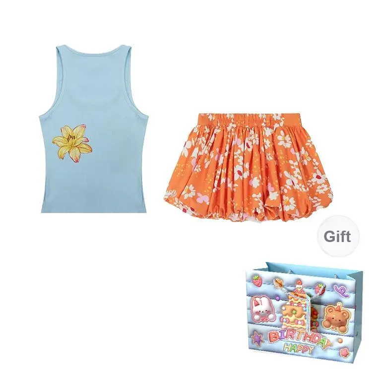 REMOULD Two Piece Skirt Sets Women's Blue Camisole Dress/Orange Pants Skirt-1