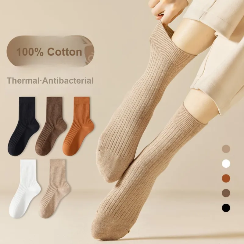 MIIOW Mid Calf Socks Women's 5 Pack Light Brown-2