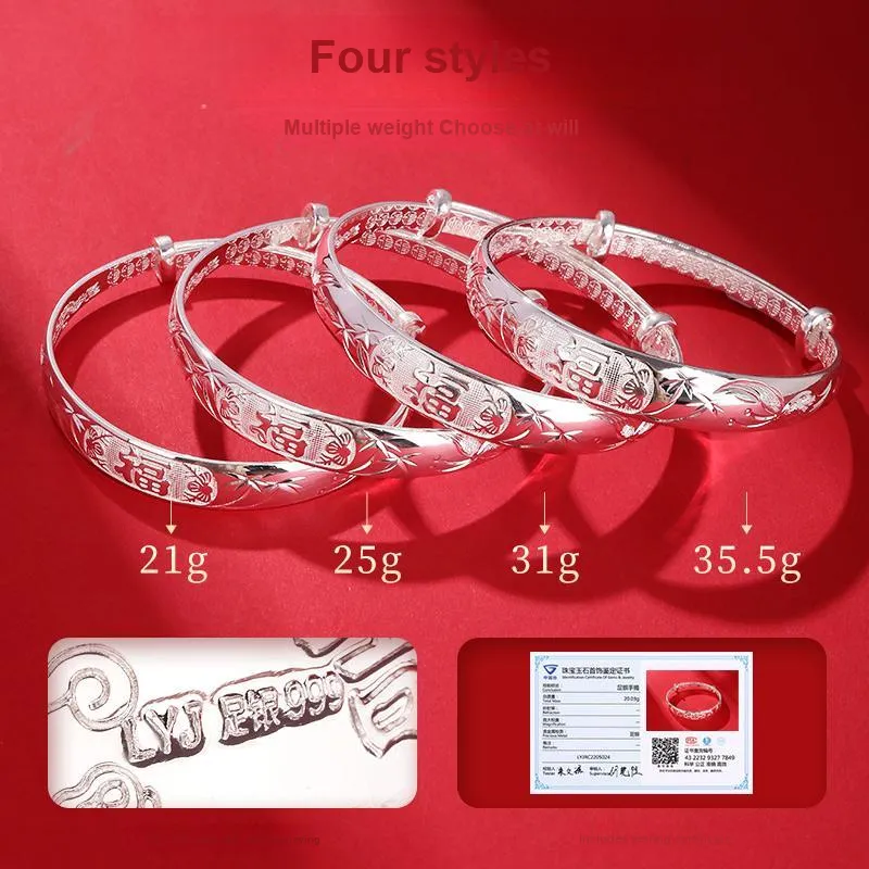 LAOYINJIANG Solid Slide Adjustable Blessing Character Mom Bangle Women's-5