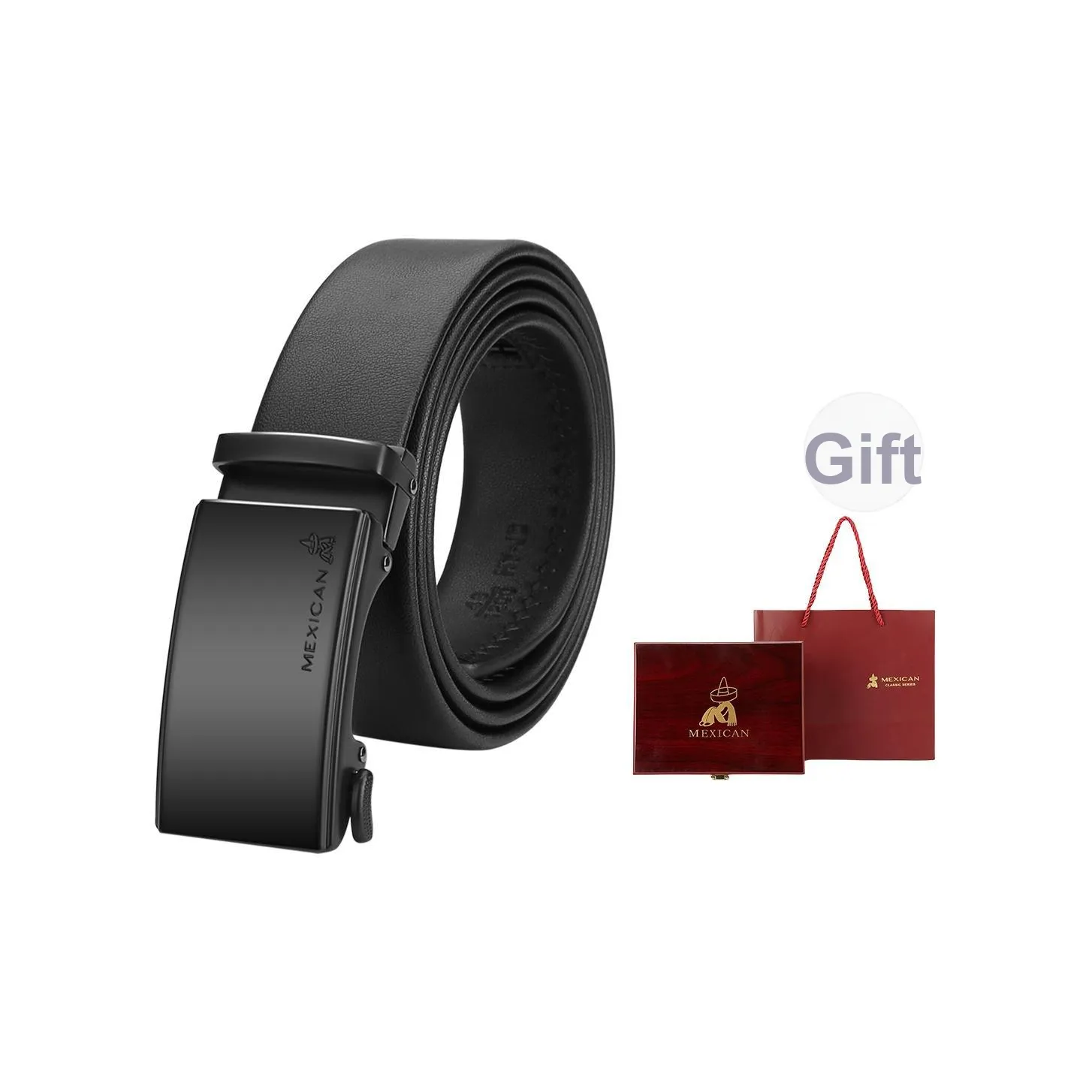 MEXICAN Ремень из коровьей кожи автоматическая застежка мужской черный 3,5 см