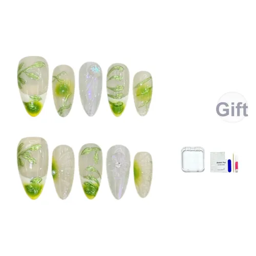 JINGCHANXUE Forest Elf Ручной рисунок Зеленый лист False Nail Миндаль Свежий зеленый Градиентный стиль Instagram 14mm