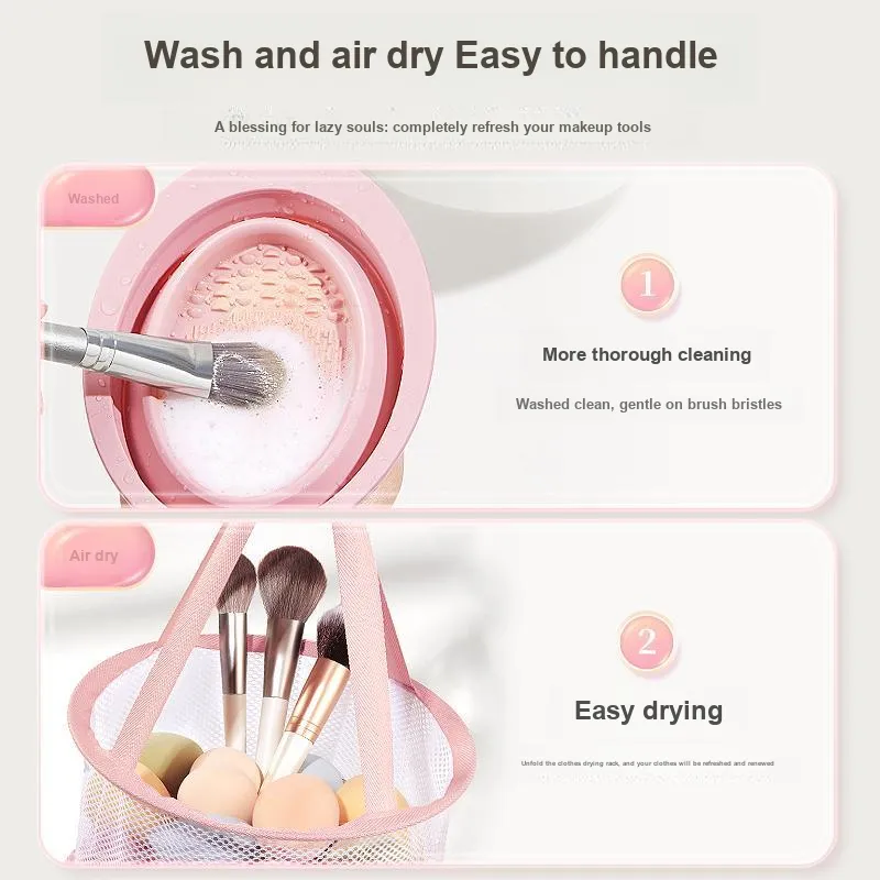 FEILINKA Makeup Brush Silicone Foldable Bowl With Drying Mesh Tool Clean Three Piece Set-7