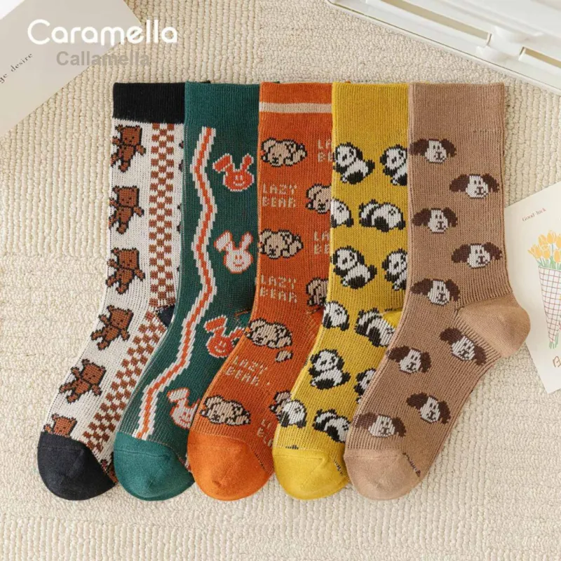 Caramella Mid Calf Socks Unisex 5 Pack Color Block-14