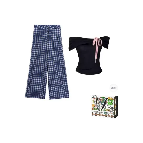 HAPG Повседневный костюм женский черный топ синие клетчатые штаны