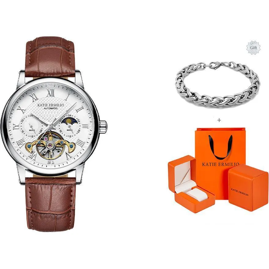 Katie Ermilio Wrist Watch Automatic Mechanical Movement Genuine Leather Strap White Dial Men's Watches