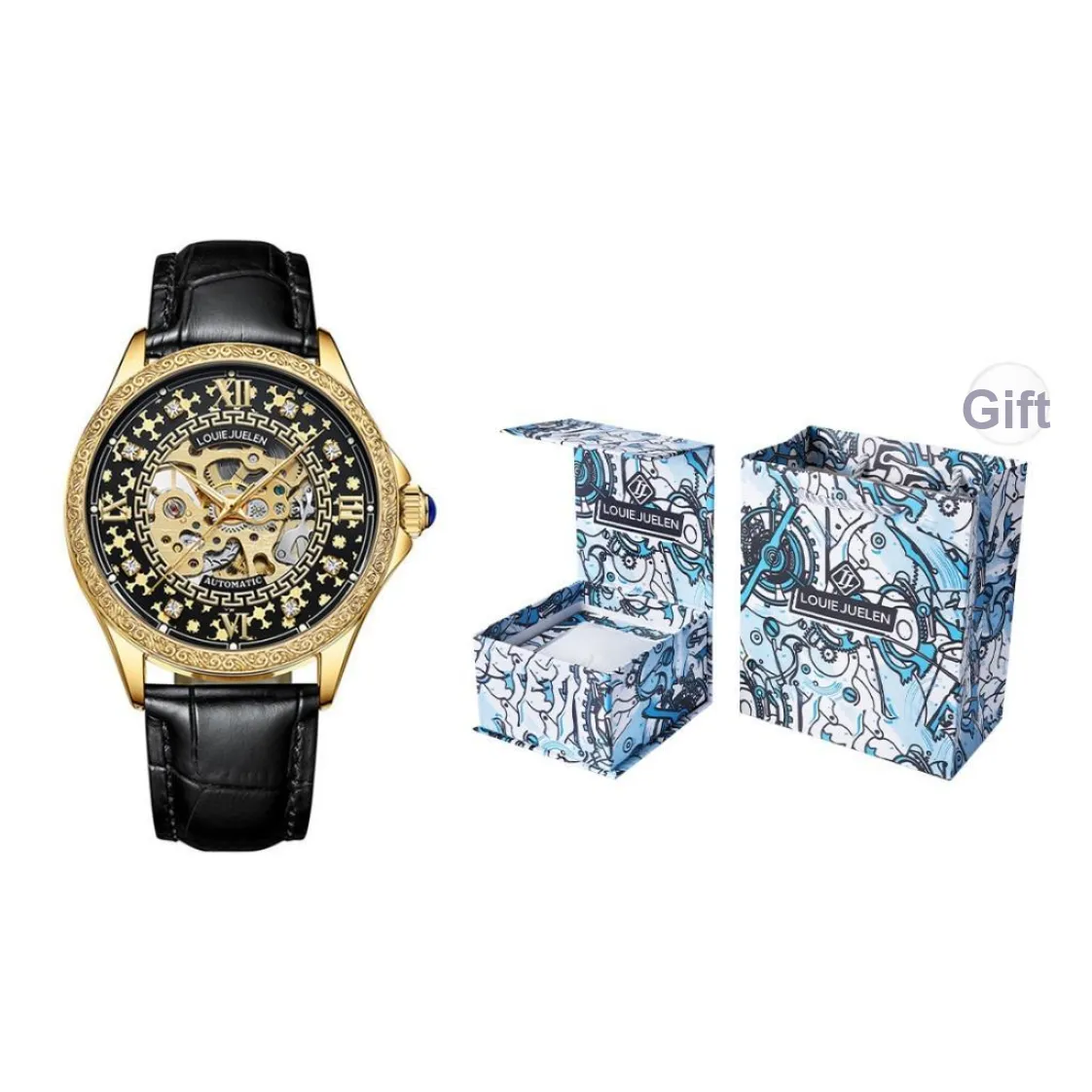 LOUIE JUELEN Mechanical Movement Leather Strap Watch Men's Watches Cut Out Dial
