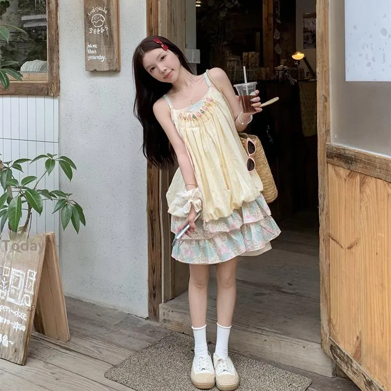JUFU Slip Dresses Women's Yellow-1