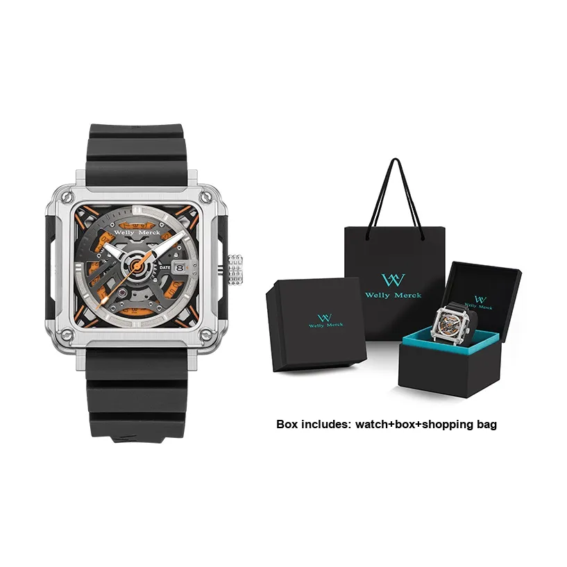 Welly Merck Механические Часы для мужчин Запястье 43 мм Черепный циферблат Корпус из нержавеющей стали Резиновый ремешок Wm090m