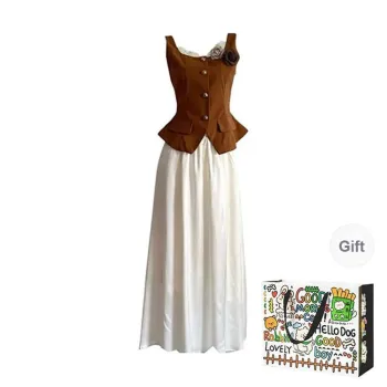 OURUOKE Two Piece Skirt Sets Women's Brown Top+Apricot Skirt Shopping Bag