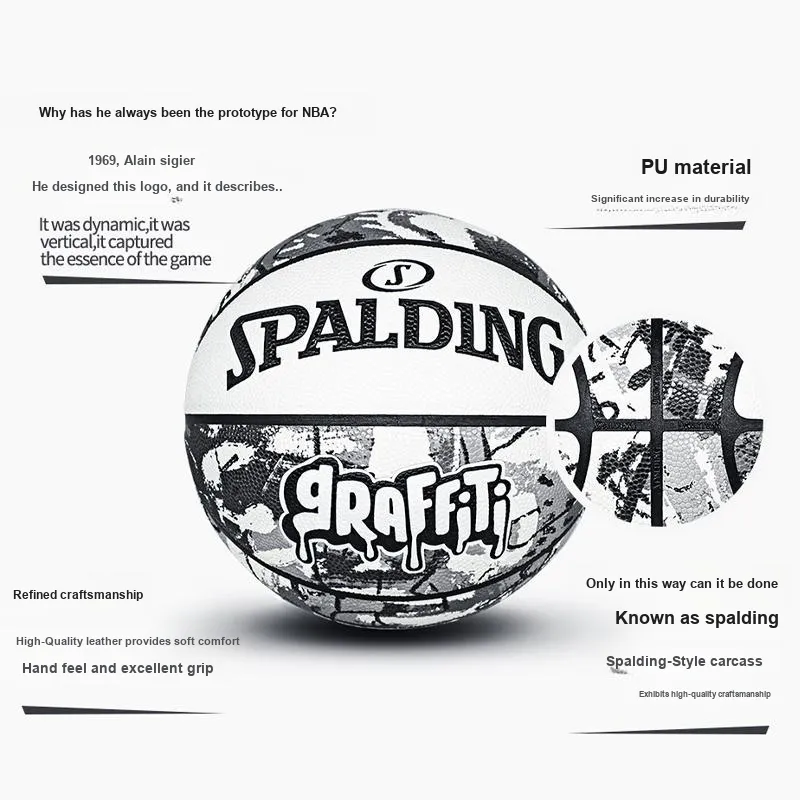 SPALDING Graffiti PU Basketball Black White Size 7 Training Competition Unisex-5