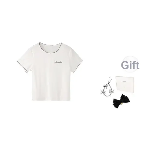 Fstudio Лето Korean Минималистичный Вышивка Круглый вырез Цветовой блок Повседневный T Рубашка Женские