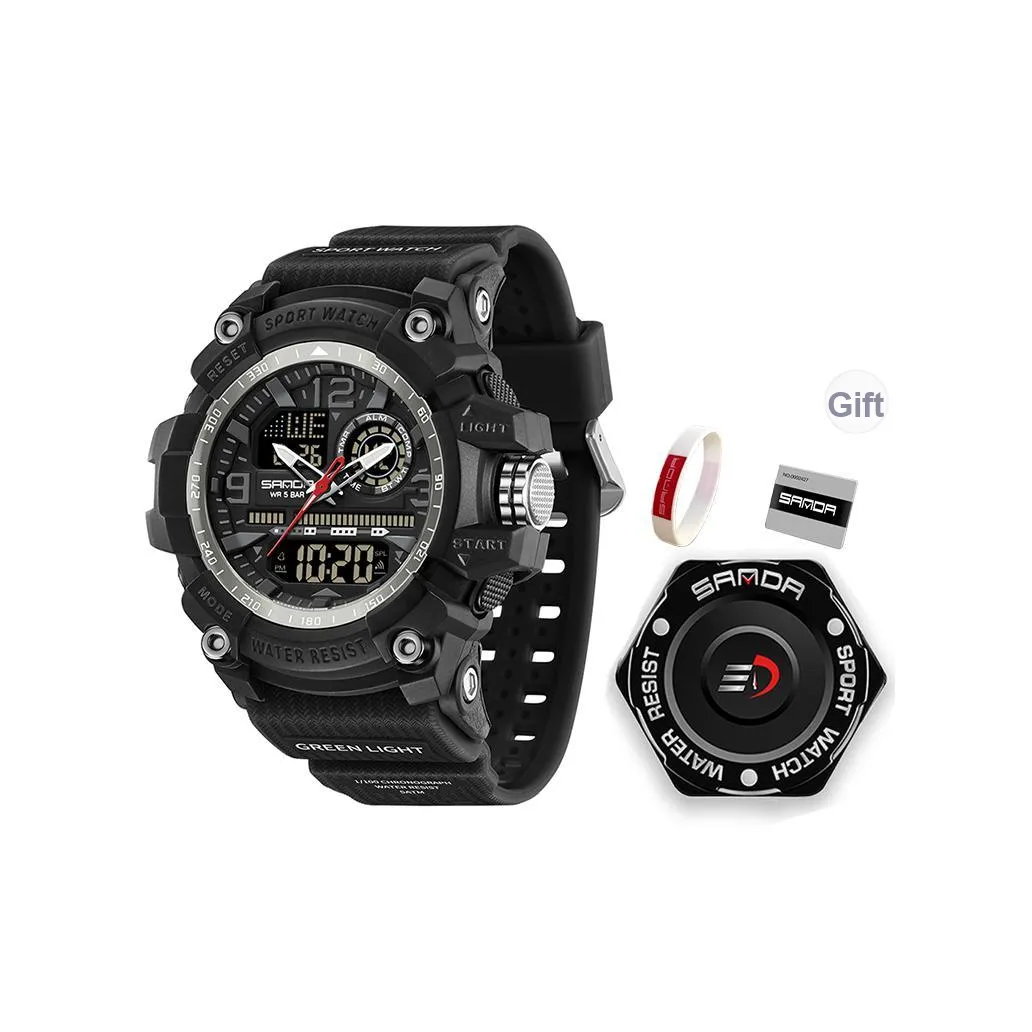 SANDA Электронный + Кварцевый механизм TPU Ремешок Часы Мужские Черный Циферблат