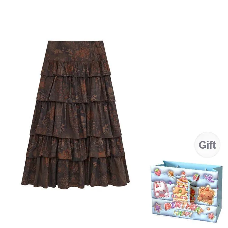 WOWI KCKS Casual Long Skirt Women's Printed Brown-1