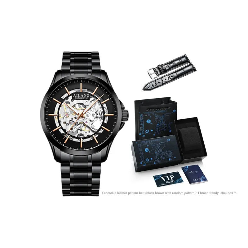 AILANG Automatic Mechanical Movement Stainless Steel Watchband Watch Men's Watches Black Dial-2