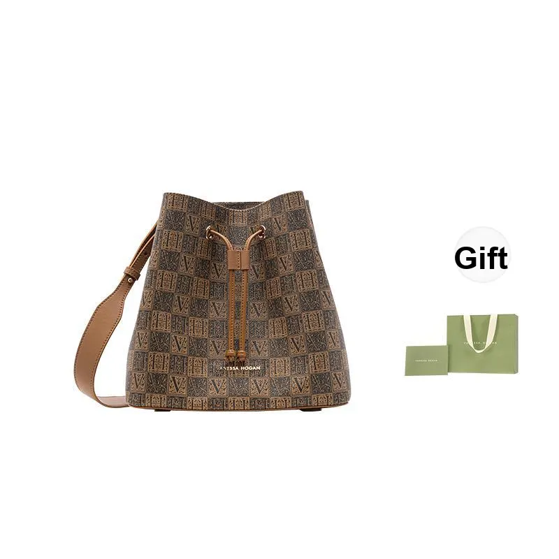 VANESSA HOGAN Monogram Cow Leather Bucket Bags Shoulder Bags Women's Apricot/Dark Brown
