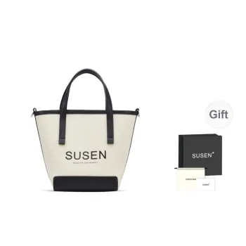 SUSEN Canvas Bag Basket Bag Bucket Bag One Shoulder Handbag Unisex Ecru/Black/Army Green