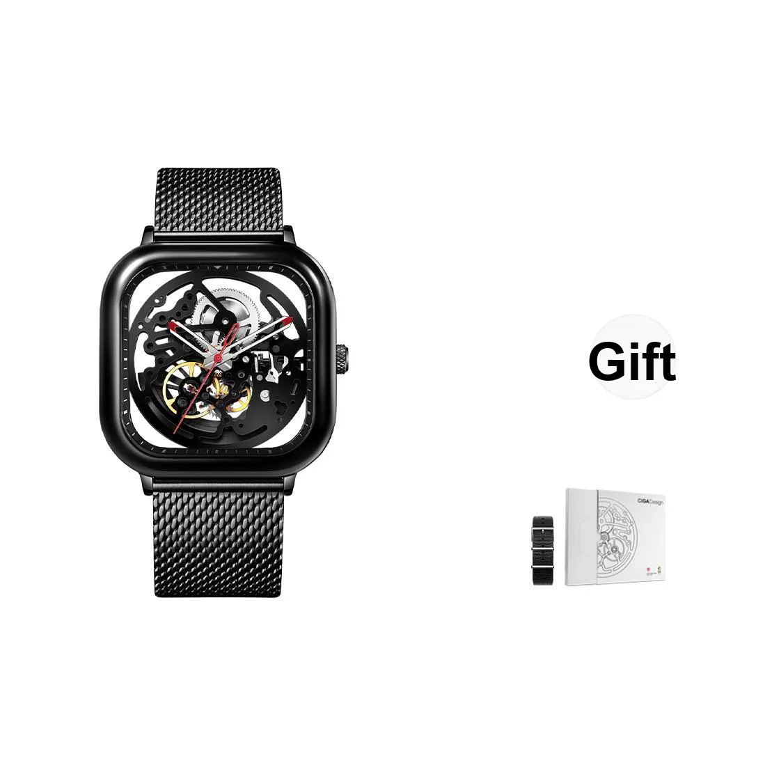 CIGA Design C Collection Full Cut Out Глубокий черный автоматический механический механизм ремешок из нержавеющей стали