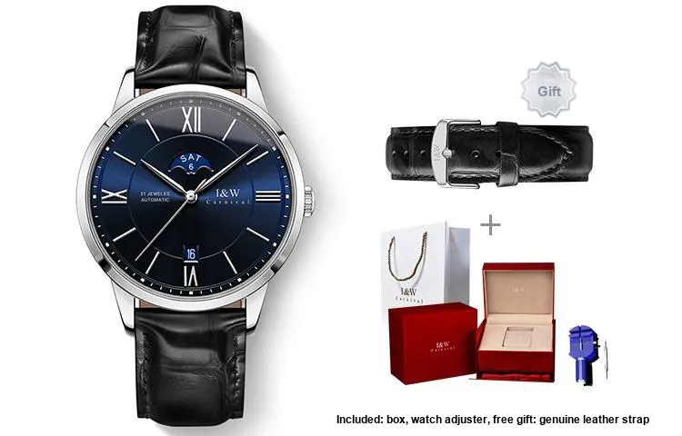I&W CARNIVAL HWGUOJI Automatic Mechanical Movement Genuine Leather Strap Watch Men's Watches Blue Dial