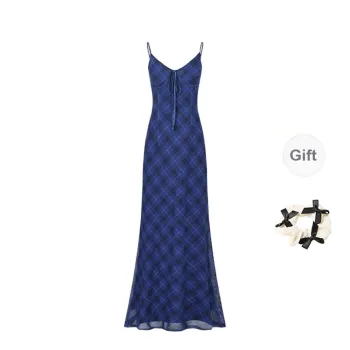 TORIGHT Slip Dress Women's Blue Plaid+Bowknot Hair Tie Comes With