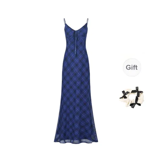 TORIGHT Slip Dress Women's Blue Plaid+Bowknot Hair Tie Comes With