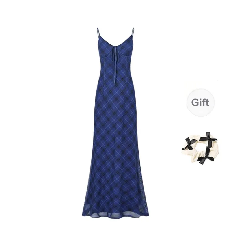 TORIGHT Slip Dress Women's Blue Plaid+Bowknot Hair Tie Comes With-0