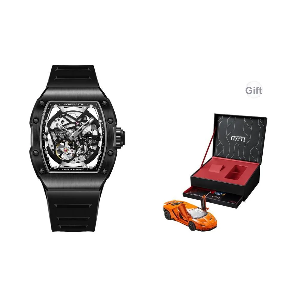 BONEST GATTI Phantom Speed Collection Мини Barrel Механические часы Резиновый ремешок Часы Унисекс Белый циферблат