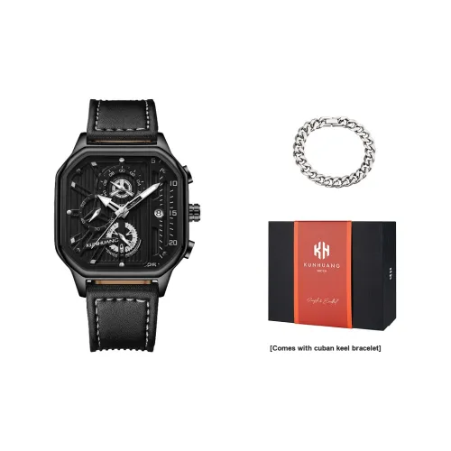 KUN HUANG Кварцевый механизм Кожаный ремешок Часы Мужские Черный циферблат